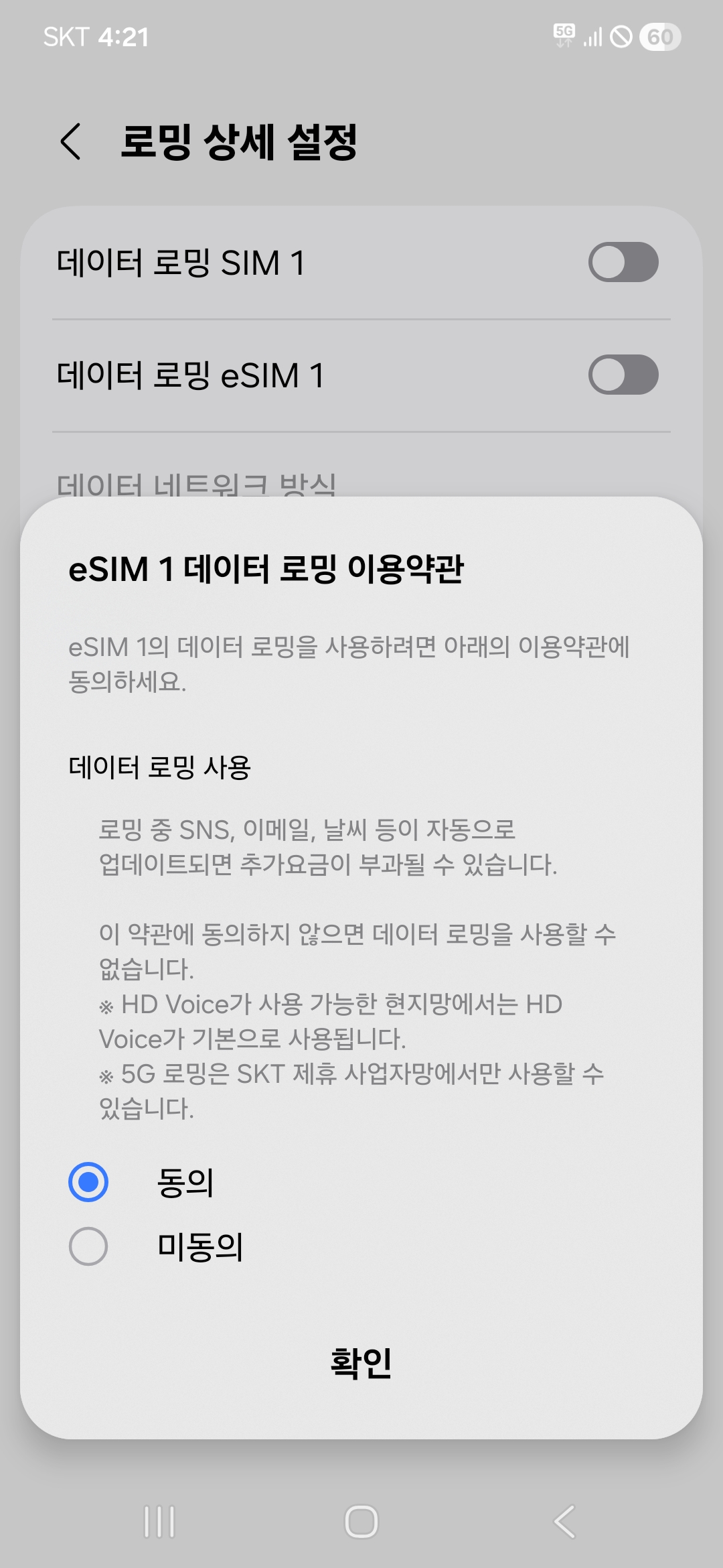 데이터 로밍 설정